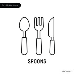 Spoons thin line icon, editable stroke, pixel perfect, compatible for app or web, isolated on a white background.