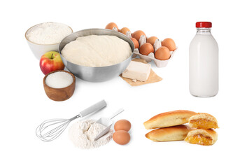 Baked patties and ingredients isolated on white, set