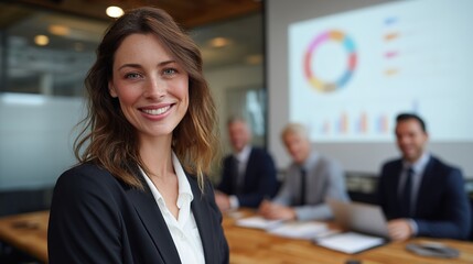 Confident businesswoman presenting data to colleagues in modern meeting room