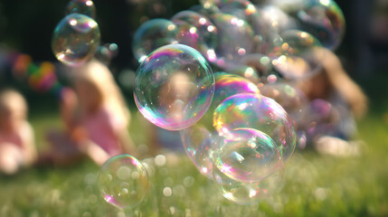 soap bubbles floating in a sunny park, perfect for children's activities, leisure concepts, or summer lifestyle designs