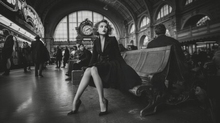 A beautiful woman in a black dress and coat, dark make-up, sting in a large train station. fashion photography. Fashion. Style. black a white.