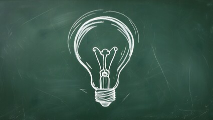 Chalk-drawn lightbulb sketch on green blackboard grain