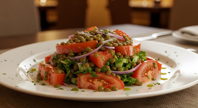 Azifa green lentil salad with tomato and onion on a restaurant table