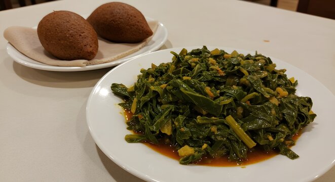 Gomen collard greens braised with spices and niter kibbeh on a restaurant table