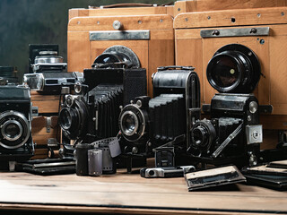 Old cameras in a composition on a wooden background