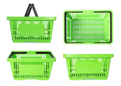 Green shopping basket on white background, set