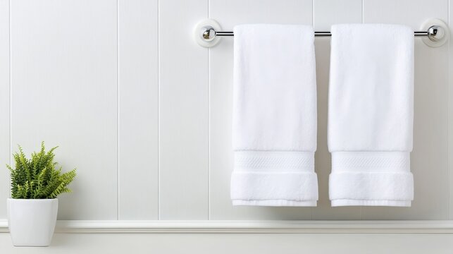 A minimalist view of two neatly hung white towels on a sleek rack, emphasizing cleanliness and elegance, perfect for a contemporary bathroom or spa-like atmosphere of relaxation. - Powered by Adobe