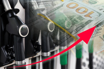 Fuel price increase. Gas filling station and dollar banknotes, double exposure