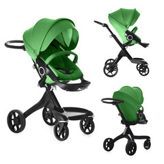 Baby carriage. Modern pram with green canopy isolated on white, different sides
