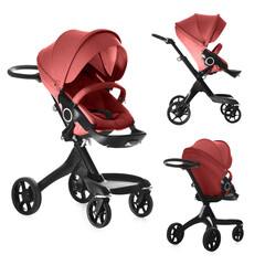 Baby carriage. Modern pram with red canopy isolated on white, different sides