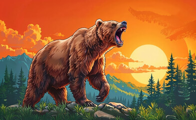 Roaring Brown Bear in Mountain Landscape at Sunset