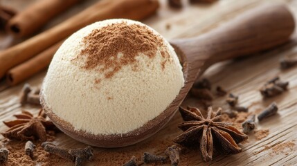 Vanilla Protein Powder in Scoop with Cinnamon Dusted
