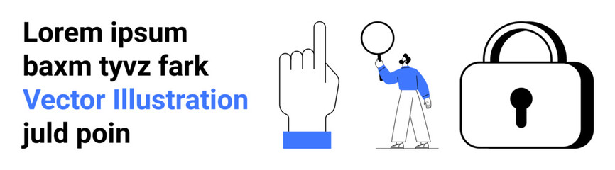 Hand pointing upward, lock icon, minimal human figure holding a balloon-thumbs up circle alongside placeholder text. Ideal for security, data protection, interfaces, minimal design, guidance