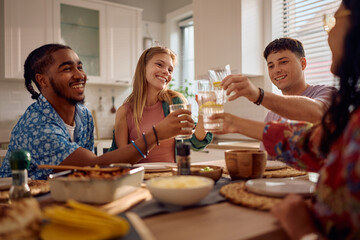 Young happy friends toasting during lunch at dining table.