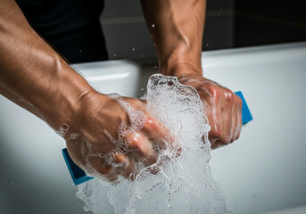Fototapeta premium Close-up of a muscular man’s hands scrubbing a bathtub with foam and bubbles, water splashes, veins visible on forearms, dramatic lighting emphasizing textures 