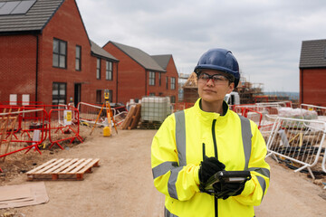 Woman engineer in  bright safety jacket and hard hat uses surveying instrument at a construction...
