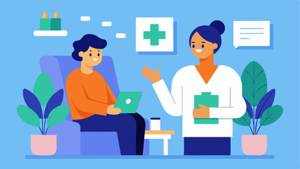 Patient Consultation An illustration of a patient sitting in a cozy clinic room discussing their health issues with a friendly healthcare provider surrounded by plants and health