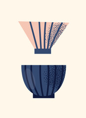Asian tea ceremony utensils teapot, bowls, whisk, spoon, tray isolated on background. Flat vector illustration in decorative modern style. Tea culture and mindfulness concept