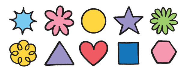 Chalk square, circle, triangle, star, flower and heart set. Crayon color kids geometric shapes. Hand drawn figures for children, poster, texture