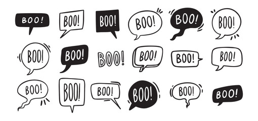 Speech bubbles with text Boo. Vector hand drawn doodle illustration 