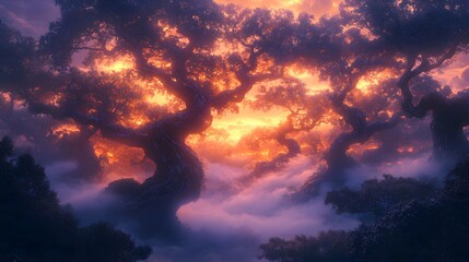 Naklejka premium An uncanny and ethereal twilight scene of ancient, fog-draped trees blending seamlessly with dynamic light and shadow