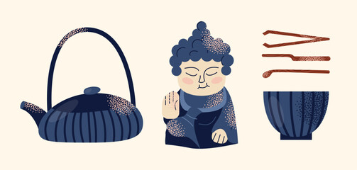 Asian tea ceremony utensils teapot, bowls, whisk, spoon, tray, and Buddha statue isolated on background. Flat vector illustration in decorative modern style. Tea culture and mindfulness concept