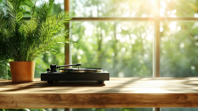 A serene scene showcasing a vintage record player positioned by a sunlit window, complemented by a green plant, evoking nostalgia and tranquility.