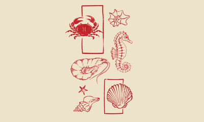 Fototapeta na wymiar Seahorse, crab, and prawn. Ocean fish artwork for t shirt print, poster, sticker and other uses. Stay salty. Seafood club. Fish vintage artwork.