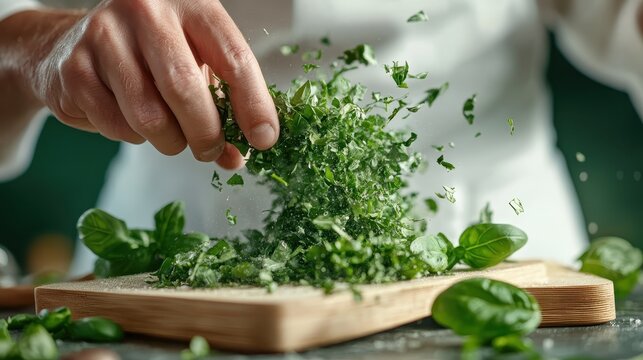 A passionate cook passionately chops fresh herbs in a culinary setting, capturing the essence of cooking and the vibrant colors of the ingredients enhancing a dish's flavor.