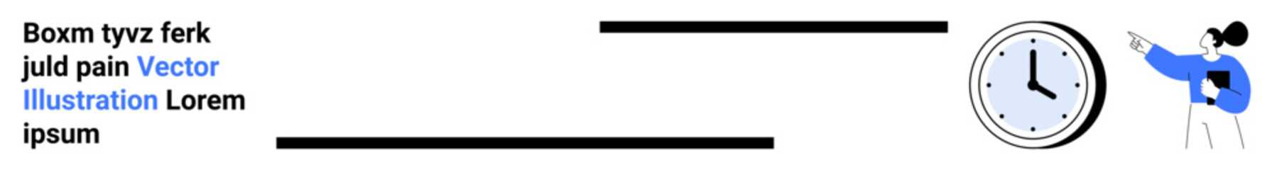 Person in blue sweater pointing at analog clock while standing near minimal text elements. Ideal for productivity, time awareness, deadlines, planning, scheduling, motivation, simple landing page