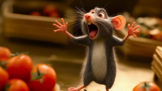 Surprised Cartoon Mouse Amidst Tomatoes in a Market