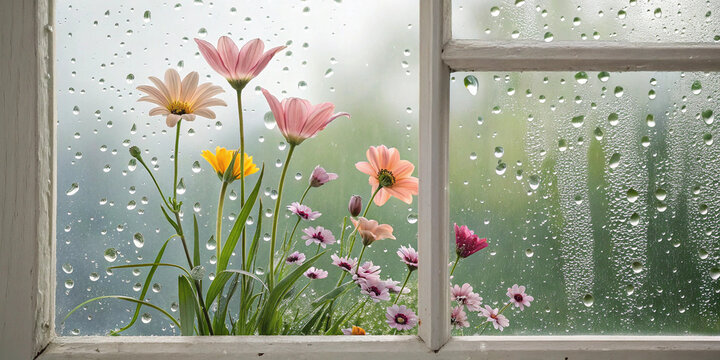 dew on morning flowers seen through a window with raindrops, charming romantic vibes