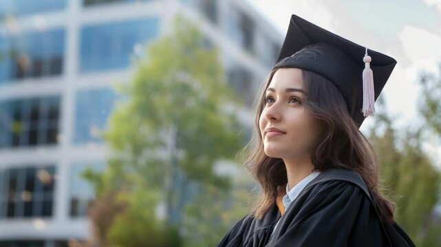 Dreams Take Flight: A young graduate in cap and gown gazes confidently into the future, set against the backdrop of a modern university campus, symbolizing aspiration and the pursuit of knowledge.