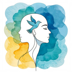 Dessin minimaliste d'une ligne du profil du visage avec un oiseau, santé et développement personnel	