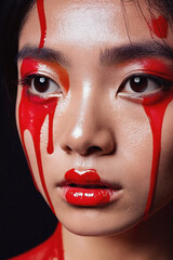 Female face covered with red paint close-up woman beauty. AI Generative