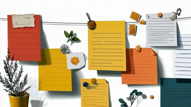 Colorful paper notes hang on a string with decorative plant on white wall, creative organization and planning, reminder board with push pins and floral accents.