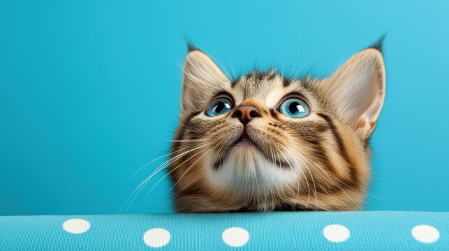 An adorable kitten with large blue eyes and soft fur stares curiously upwards against a bright blue backdrop, embodying innocence and playful curiosity in its expression.