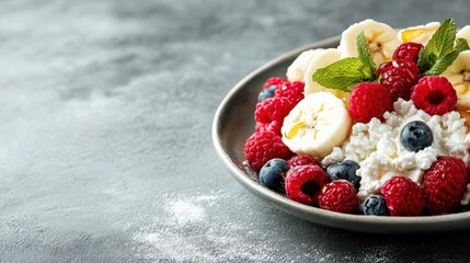 A vibrant plate filled with bananas, raspberries, and blueberries, beautifully presented, highlighting healthy eating choices, perfect for food blogs or nutrition themes.