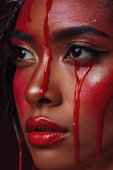 Female face covered with red paint close-up woman beauty. AI Generative
