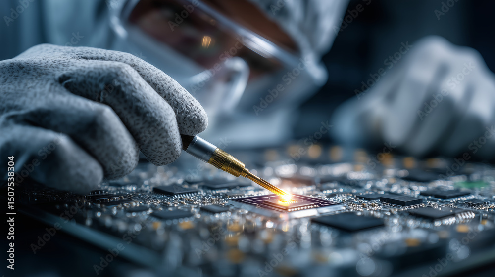 Poster expert in gloves cleaning electronic components for precise maintenance