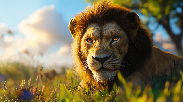 Colorful lion surveying forest from rocky hill high resolution picture