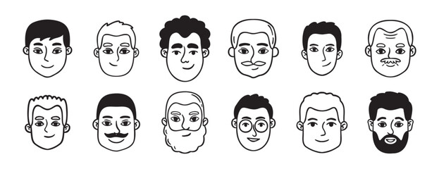 men portraits male doodles set doodle hand drawn icon set. Outline drawing man heads and faces line clipart symbol collection.
