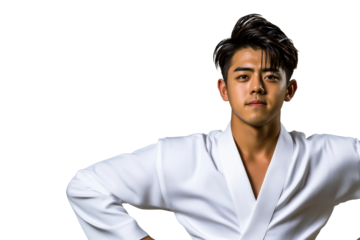 Asian athlete in white kimono, waist up portrait, cut out transparent