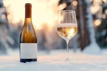 Bottle and glass of white wine in a snowy landscape, illuminated by soft sunlight. A picturesque scene perfect for the holidays or a winter celebration.