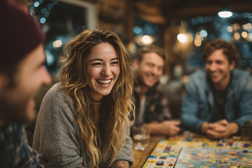 Friends enjoying laughter and strategy during a game night at home together