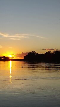 Scenic sunrise or sunset over the calm waters of the Cuiab&aacute; River in the Pantanal wetlands, reflecting golden light and surrounded by lush aquatic vegetation and peaceful natural beauty. Vertical 4k.