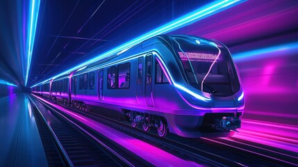 Naklejka premium Futuristic Train Speeding Through Neon Tunnel