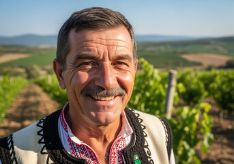 Smiling Winegrower in Vineyard at Sunset