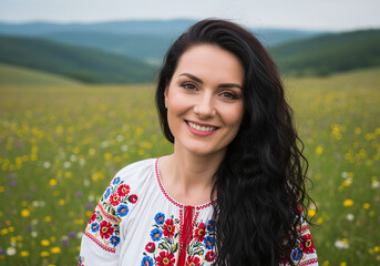 Portrait of a Smiling Woman in Traditional Romanian Blouse