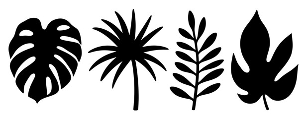 Vector four assorted botanical foliage silhouettes featuring tropical plant and leaf elements artfully arranged here on transparent background